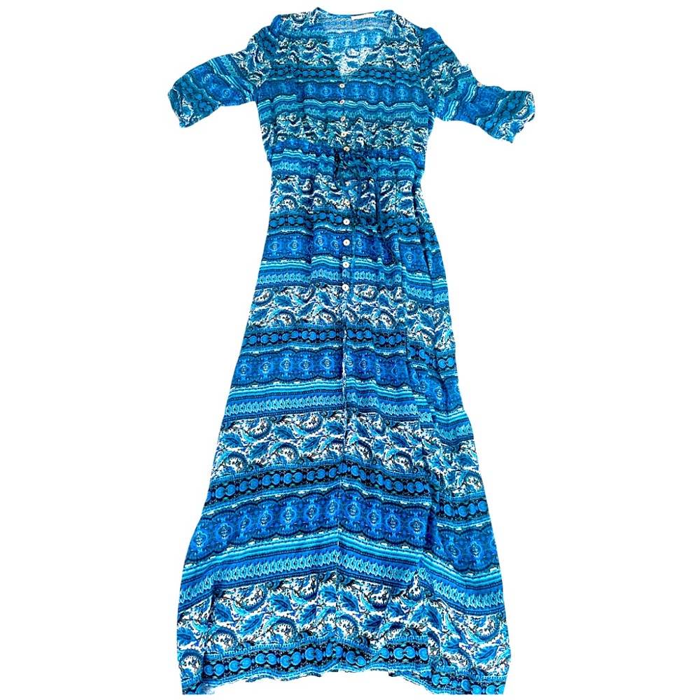 Blue Multicolored Long Flowy Peasant Maxi Sundress M